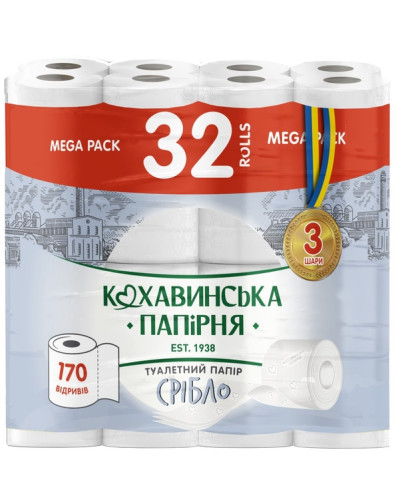 Туалетний папір Кохавинська папірня Срібло 3 шари 170 відривів 32 рулони оптом в інтернет-магазині Domestik